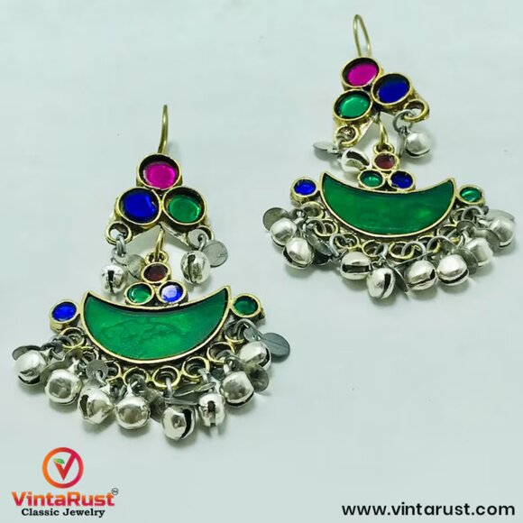 Multicolor Glass Stones Silver Earrings, AfghanTraditional Earrings,Light Weight - Picture 5 of 13